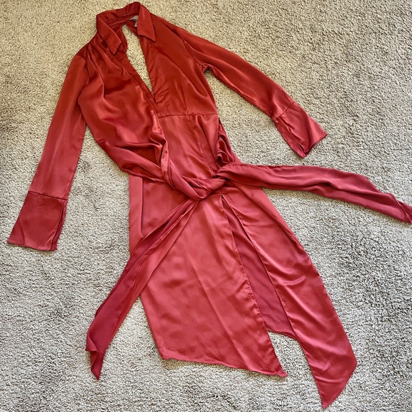 ASOS Coral Collared Deep V Upper Back Slit, Side Slit, Front Tie Dress - Picture 1 of 5